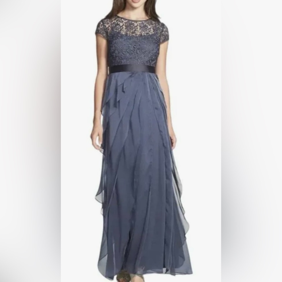 Adrianna Papell Navy Lace Bodice Chiffon Evening Gown